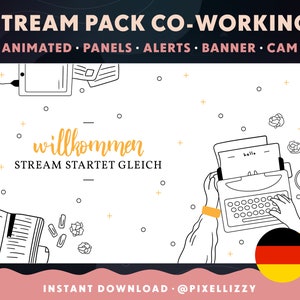 May include: A black and white illustration of a typewriter with the word "hello" on the paper. The illustration is on a white background with a yellow star and a German flag in the corner. The text "willkommen" and "STREAM STARTET GLEICH" is in yellow.