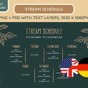 Könnte beinhalten: Eine grüne und goldene Grafik mit einem Stream-Zeitplan vom 13. bis 19. Dezember 2022. Der Zeitplan umfasst tägliche Aktivitäten wie "Just Chatting", "Animal Crossing" und "Another Topic". Die Grafik enthält auch Flaggen für die Vereinigten Staaten, das Vereinigte Königreich und Deutschland.