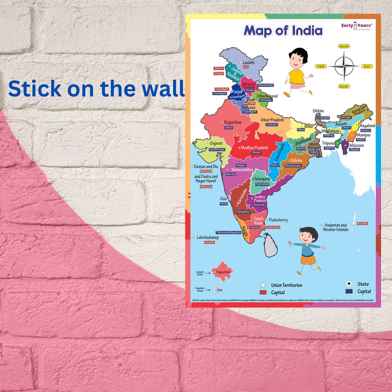 Map of India | Digital Download India Map | Printable Map of India Poster | Wall Chart Map of ...