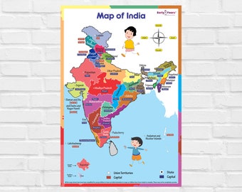 Map of India | Digital Download India Map | Printable Map of India Poster | Wall Chart Map of India with States and Capitals for Kids