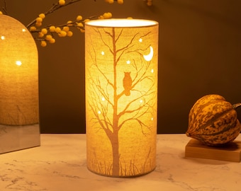 Linen Fabric Table Lamp with a Owl design | Creature-themed | Night Light | with Cut-out shapes | Children's Lamp