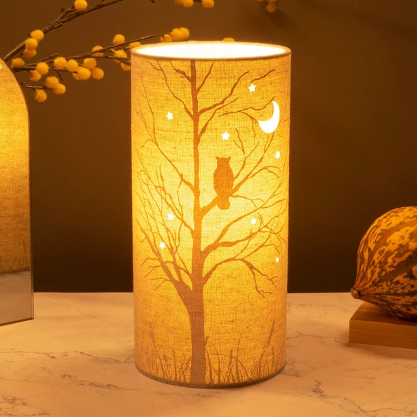 Linen Fabric Table Lamp with a Owl design | Creature-themed | Night Light | with Cut-out shapes | Children's Lamp
