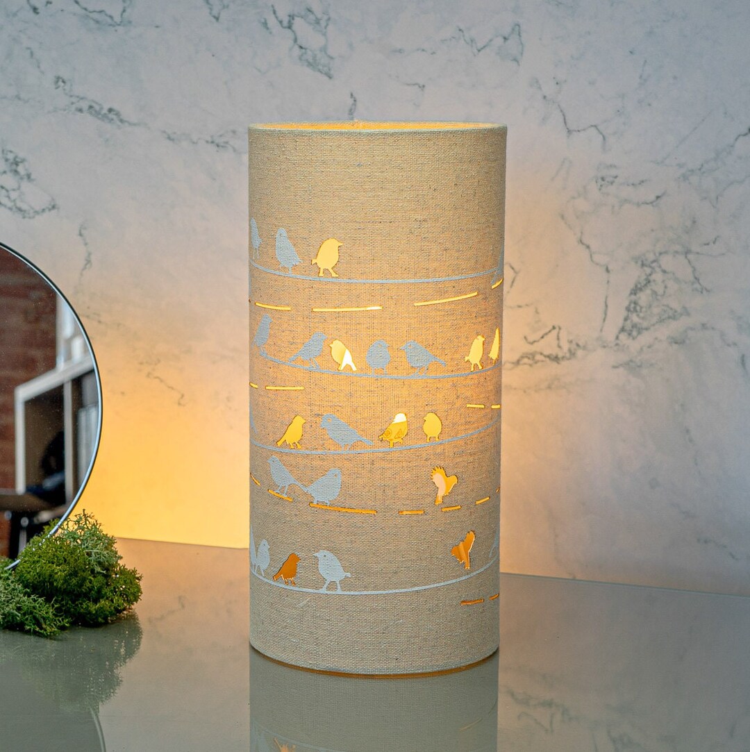 Linen Fabric Table Lamp With a Birds on a Wire Design Naturethemed