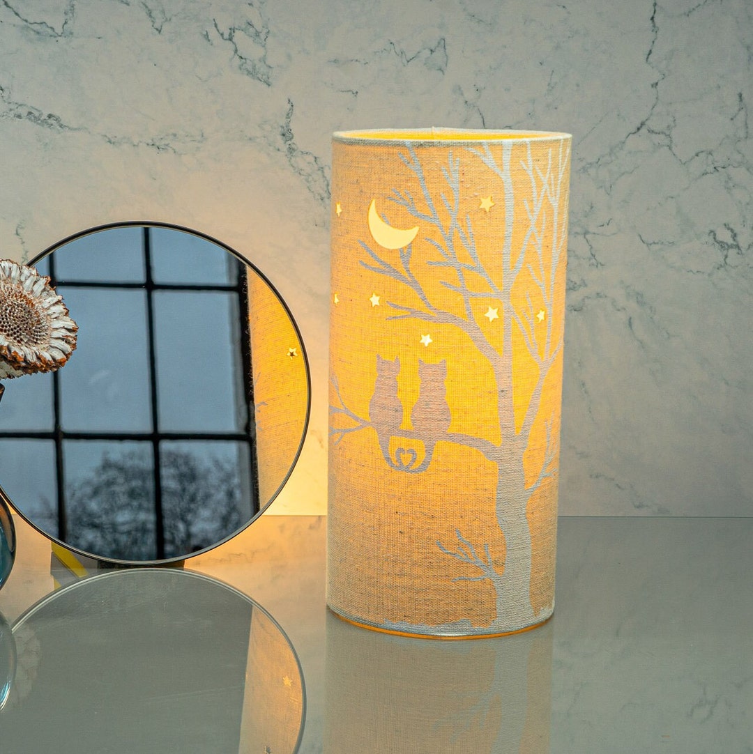 Linen Fabric Table Lamp With a Love Cats Design Creaturethemed Night