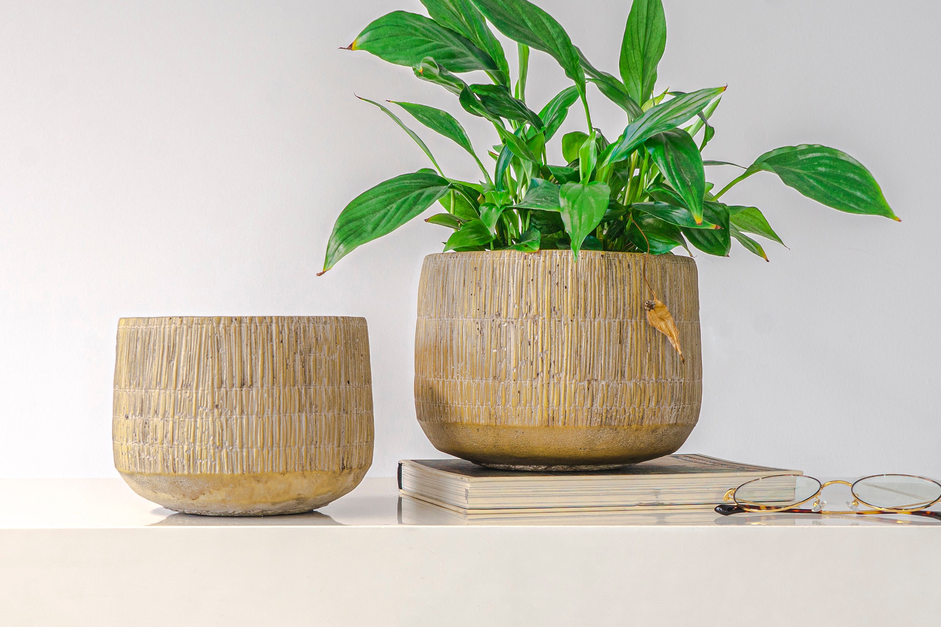 Set de 3 Maceteros con Patas de Bambú/Plástico, Ø37x76 cm — Qechic
