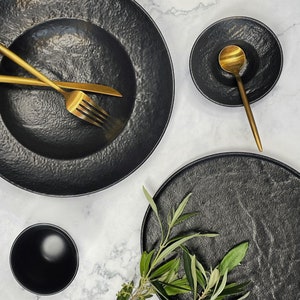 Black Slate-Texture Porcelain Dinnerware | Rock-Pattern Semi-Matte Plates | Slate-Looking Ceramic Crockery | Minimalist Gourmet Plates