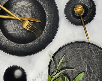 Black Slate-Texture Porcelain Dinnerware | Rock-Pattern Semi-Matte Plates | Slate-Looking Ceramic Crockery | Minimalist Gourmet Plates