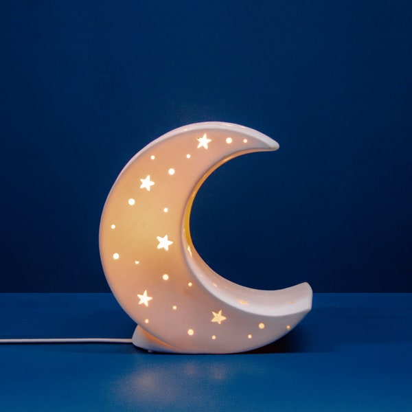 Lampe de table en porcelaine de style Lune | Enfants | Veilleuse | Sculpté à la main | Parfait pour la chambre de bébé | Finition mate en blanc