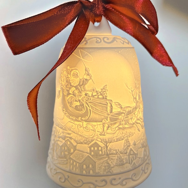 Christmas-Bell-shaped LED Light | 4 Lithophane Designs of Reindeer, Snowman, Santa Claus & Sleigh | Handmade | Matte White Finish