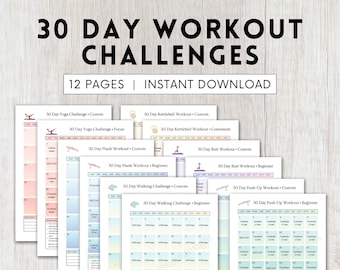 May include: A set of printable 30-day workout challenge calendars. The calendars are designed for yoga, kettlebell, plank, walking, and push-up workouts. Each calendar has a light blue and pink gradient background with a different workout image at the top.
