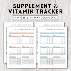 Puede incluir: Seguimiento de vitaminas y suplementos imprimible con cuatro páginas. El seguimiento tiene un calendario mensual con columnas para cada día de la semana y filas para vitaminas y suplementos. También hay secciones para notas e ingesta de agua.
