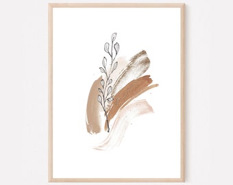Arte de parede abstrata para imprimir - Impressão minimalista - Decoração moderna para casa em bege e dourado - Arte floral botânica para imprimir - Arte de parede para sala de estar