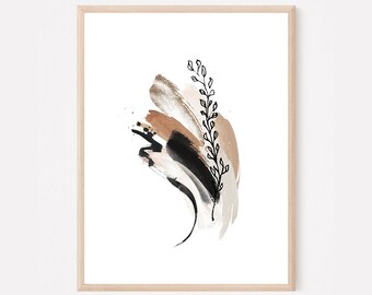 Arte de parede abstrata para imprimir - Impressão minimalista - Decoração moderna para casa em bege e dourado - Arte floral botânica para imprimir - Arte de parede para sala de estar
