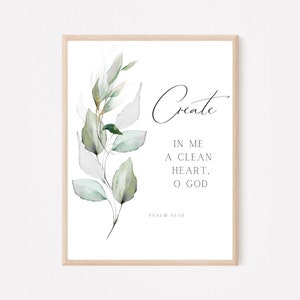 Puede incluir: Una impresión de acuarela con una rama frondosa y el texto "Crea en mí un corazón limpio, oh Dios. Salmo 51:10"