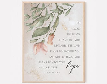 Arte de parede imprimível com Jeremias 29:11 - Arte com versículos bíblicos - Decoração cristã para casa - Presentes cristãos - Pôster cristão