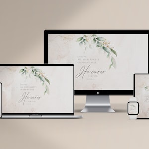 Op de afbeelding: Een set digitale achtergronden met een aquarelontwerp van groene bladeren en gouden accenten op een marmeren achtergrond. De tekst "CASTING ALL YOUR ANXIETY ON HIM BECAUSE He cares FOR YOU 1 PETER 5:7" wordt op elke achtergrond weergegeven.