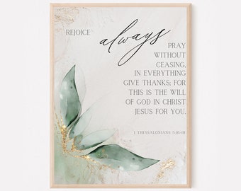 Arte de parede imprimível com versículo bíblico de 1 Tessalonicenses 5:16-18 - Decoração cristã para casa - Presentes cristãos - Pôster cristão