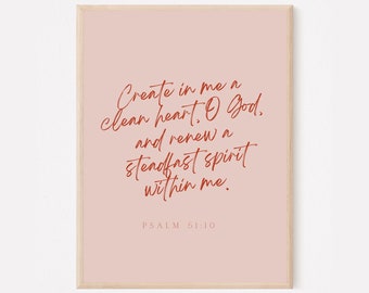 Salmo 51:10 - Arte de parede cristã moderna para imprimir - Pôster com versículo bíblico - Decoração cristã minimalista para casa - Impressão com versículo bíblico