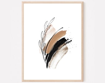 Arte de parede abstrata para imprimir - Impressão minimalista - Decoração moderna em preto e dourado - Arte floral botânica para imprimir - Arte de parede para sala de estar
