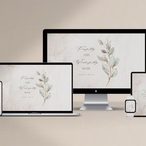 Könnte beinhalten: Ein Satz digitaler Hintergrundbilder mit einer Aquarell-Illustration von Eukalyptusblättern mit goldenen Akzenten und dem Text "Faithfully and Wonderfully Made" mit einem Bibelvers-Verweis. Die Hintergrundbilder werden auf einem Telefon, Laptop, Desktop-Computer und einer Smartwatch angezeigt.