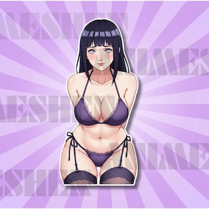 May include: A sticker featuring an anime-style illustration of a woman in a purple bikini. The woman has dark hair and is set against a purple background with radial stripes. The sticker is a vibrant and detailed design.