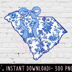 South Carolina state blue coquette chinoiserie png, cute floral chinoiserie Sc state png with bow faux embroidery south Carolina state png