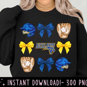 Baseball wildcats coquette png, watercolor bow baseball graphic design png, blue and gold baseball team wildcats mascot png