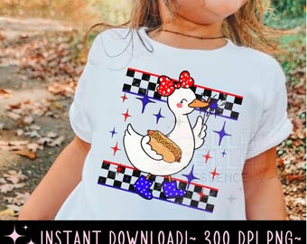 Fourth of July goose holding hot dog, sparklers png, red white blue goose, cute patriotic goose design png, checkered goose design