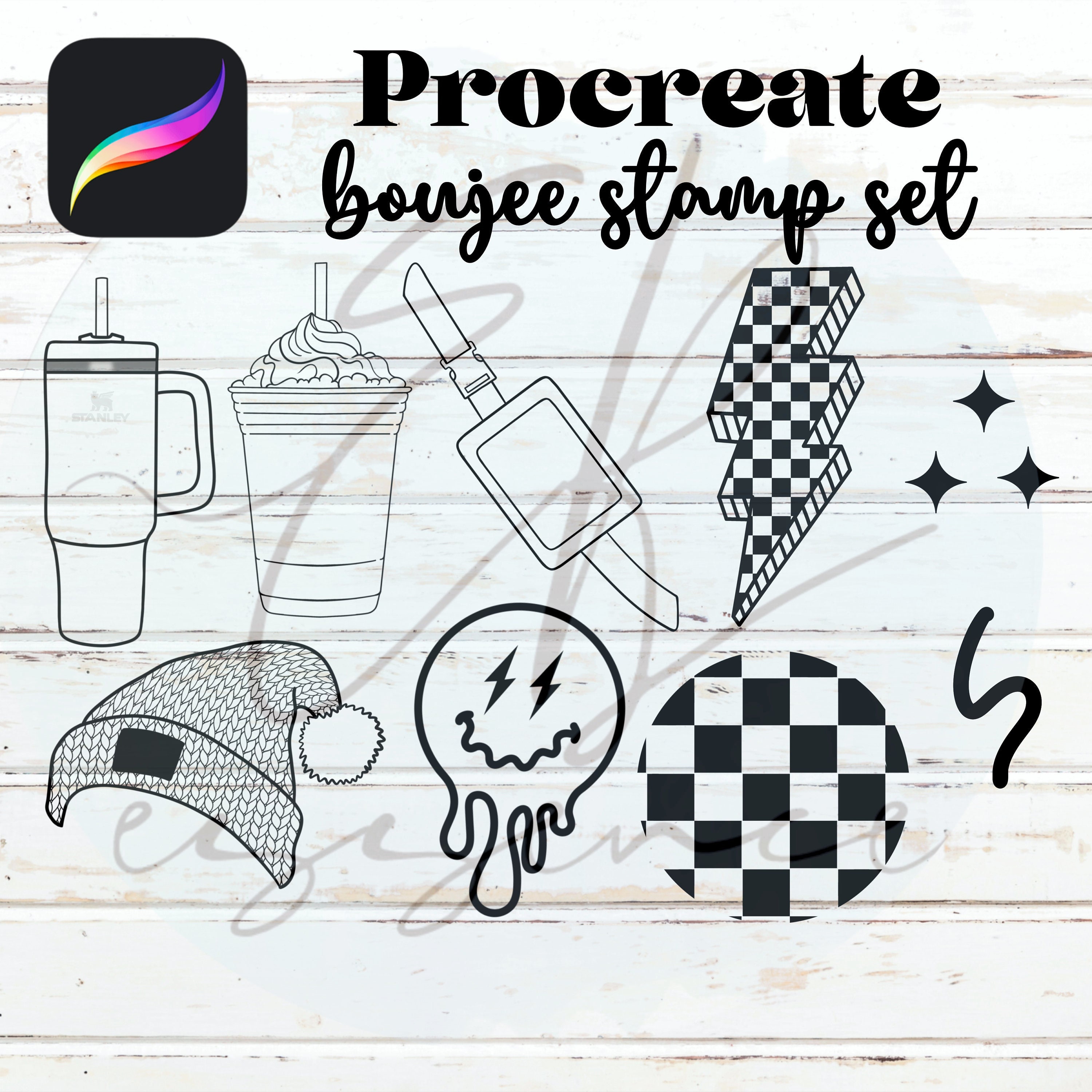 Boujee Procreate Stamp Brush Set — 9 Aesthetic Stamps: Stanley Cup, Iced Coffee, Belt Bag, Checkered, Beanie, Lightning, Star