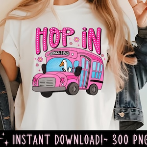 Hop in struggle bus PNG, silly goose bus png, pink bus png, cute bus design, hop in png