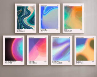 May include: Seven framed art prints with abstract designs in various colors. Each print features a unique swirling or blended pattern, with titles like "Divine Radiance" and "Cosmic Harmony" in a minimalist style. The prints are displayed against a neutral gray background.
