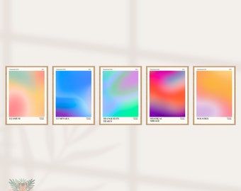 May include: Five digital art prints with gradient backgrounds in various colors. The prints are titled "Elysium", "Luminara", "Tranquility Trails", "Mystical Mirage", and "Solstice".