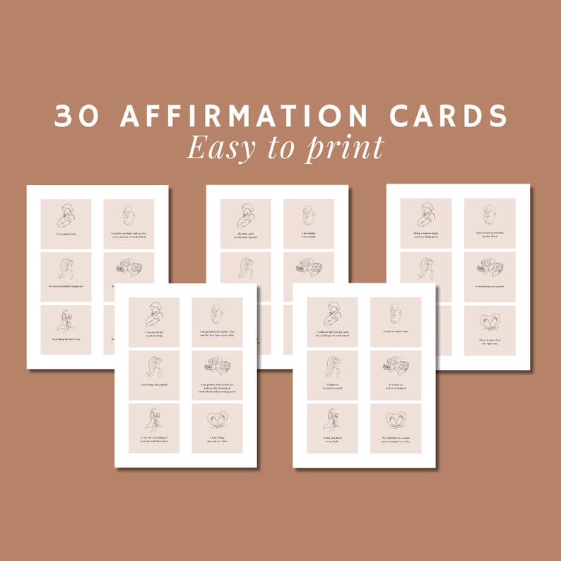 30 affirmation cards for new moms. Easy to print, you will receive a PDF with 5 pages, featuring 6 affirmation cards each.
