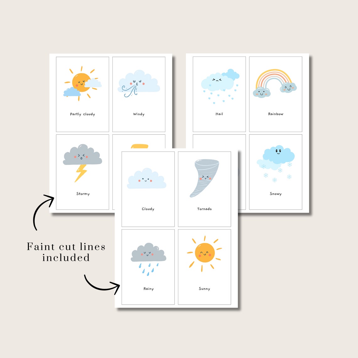 Weather Flashcards 12 Printable Weather Cards Weather Chart Montessori Educational Cards ...