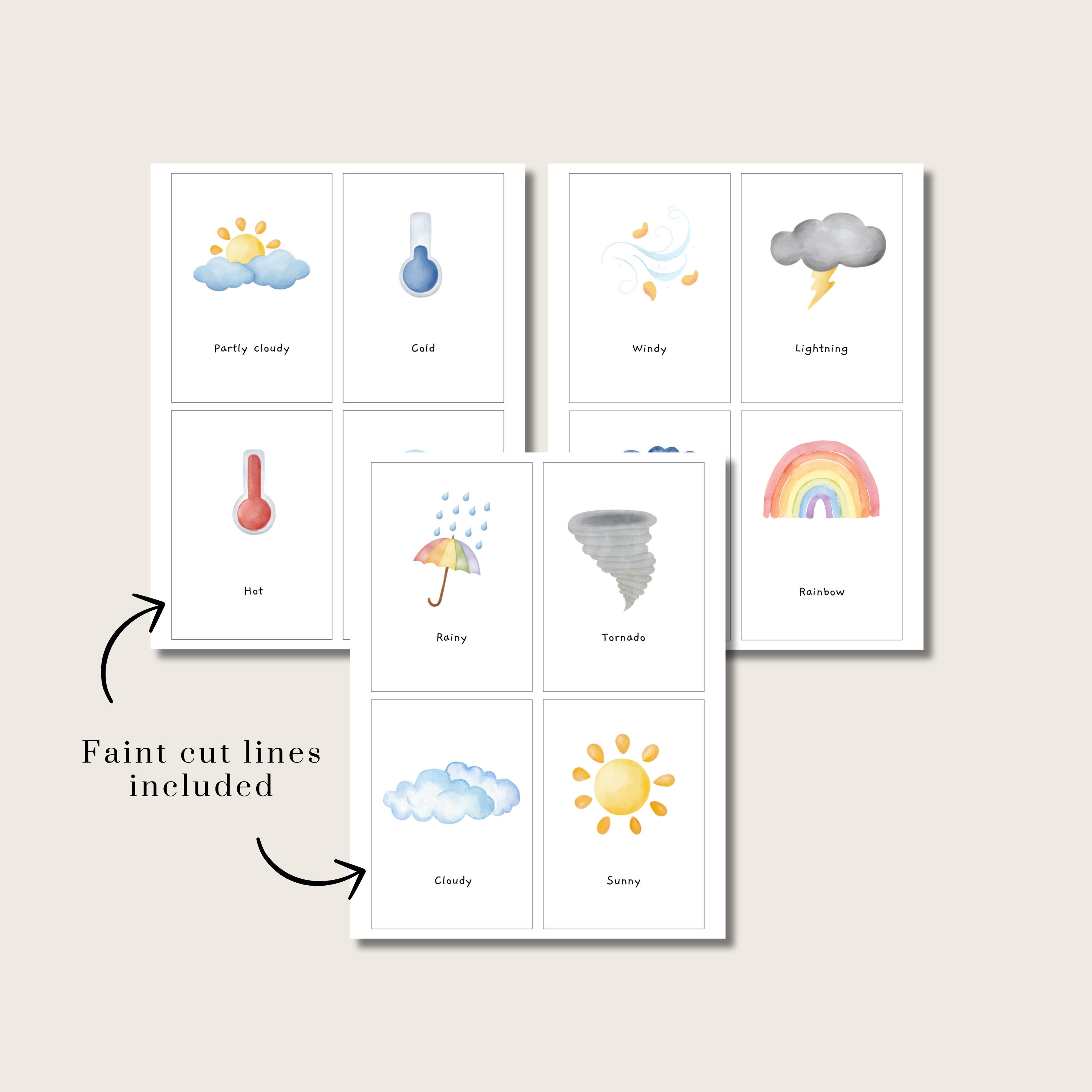 Weather Flashcards 12 Printable Weather Cards Weather Chart Montessori Educational Cards ...