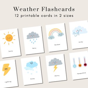 Flashcards météo | 12 cartes météo imprimables | Carte météorologique | Montessori | Cartes éducatives | Cartes préscolaires | Flashcards pour tout-petits