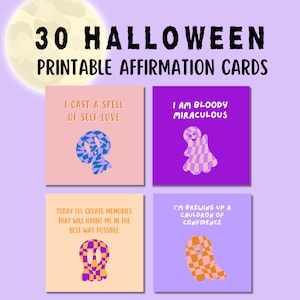Cartões de afirmação de Halloween | Baralho de cartas para impressão 30 citações positivas diárias | Presente de Halloween | Citações Positivas | Decoração divertida de Halloween