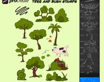 Procreate Tree and Bush Stamps (14 stamps) for easy drawing on iPad.