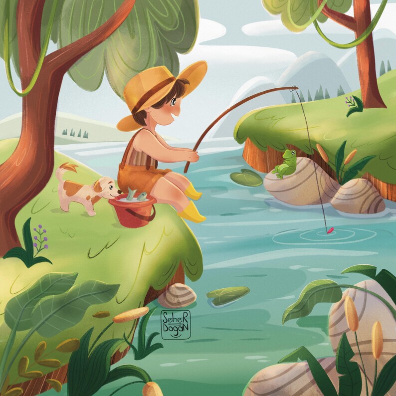 Puede incluir: Ilustraci&oacute;n digital de un ni&ntilde;o pescando junto a un r&iacute;o, con un sombrero de paja y un peto. Un perro peque&ntilde;o est&aacute; cerca, y un cubo con peces est&aacute; al lado del ni&ntilde;o. Una rana verde descansa sobre una roca.