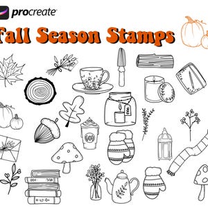 Procreate Cartoon Fall Season Stamps (26 stamps) for easy cartoon style drawing on iPad.
