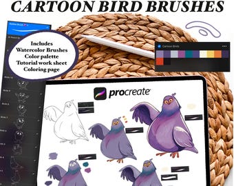 Procreate Cartoon Brushes- PIGEONS- Procreate Stamps- Painting Tutorial, Color Palette