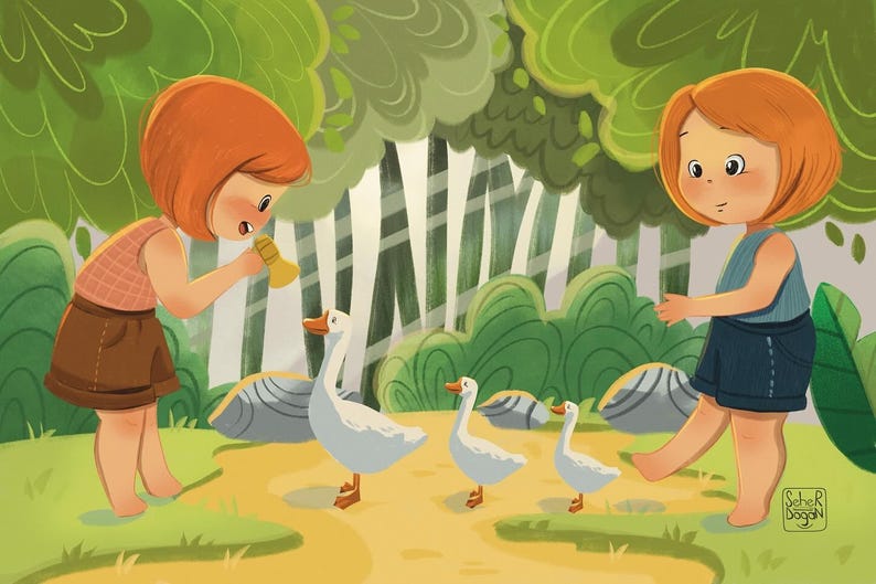 Puede incluir: Una ilustraci&oacute;n caprichosa muestra a dos ni&ntilde;os interactuando con tres gansos blancos. Los ni&ntilde;os, con pelo rojo, est&aacute;n en una zona de hierba con &aacute;rboles al fondo. Un ni&ntilde;o sostiene un objeto amarillo, mientras que el otro parece estar extendiendo la mano.