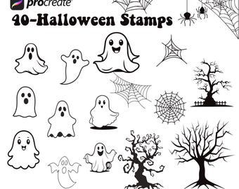 Procreate Cartoon Halloween Stamps, Spider Web Tree Drawings (40 Stamps) (Digital Download)