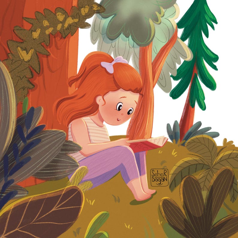 Puede incluir: Ilustraci&oacute;n de una ni&ntilde;a pelirroja leyendo un libro en un entorno forestal. Lleva una camiseta a rayas, pantalones morados y un lazo blanco. La obra presenta &aacute;rboles, follaje y una paleta de colores suaves.