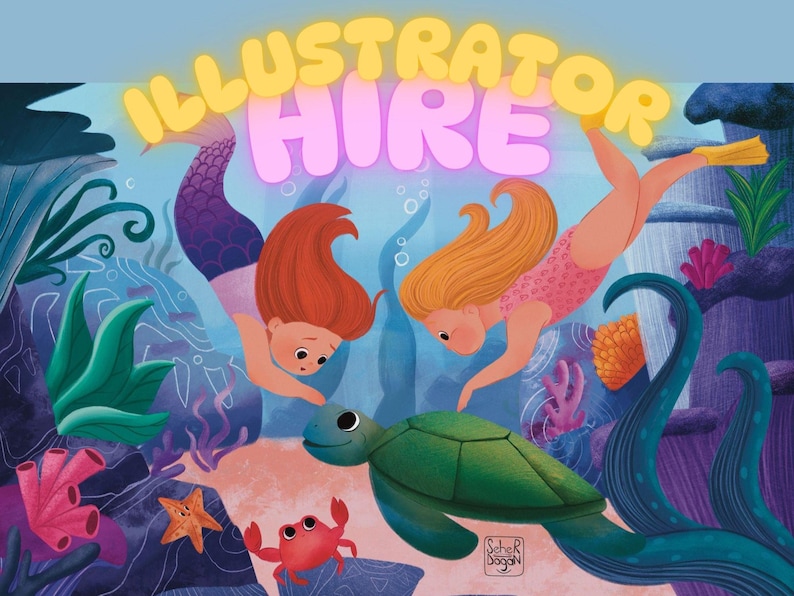 Puede incluir: Ilustraci&oacute;n colorida con dos sirenas de pelo rojo y naranja, nadando cerca de una tortuga verde. La imagen incluye el texto "ILLUSTRATOR HIRE" en letras amarillas y rosas, junto con coral, una estrella de mar y un cangrejo rojo.