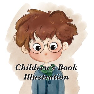 Puede incluir: Ilustraci&oacute;n digital de un ni&ntilde;o con cabello casta&ntilde;o, gafas redondas y una chaqueta azul. El texto "Children's Book Illustration" se muestra debajo de la imagen del ni&ntilde;o, sobre un fondo suave estilo acuarela.