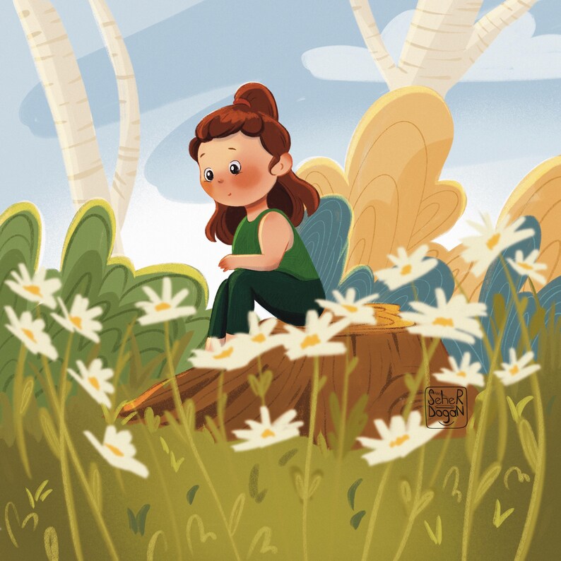 Puede incluir: Ilustraci&oacute;n de una persona con cabello casta&ntilde;o y ropa verde sentada en un toc&oacute;n de &aacute;rbol en un campo de margaritas. El fondo presenta &aacute;rboles y follaje en tonos verdes, amarillos y azules. La obra de arte tiene un estilo caprichoso y de dibujos animados.