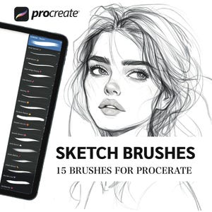 Op de afbeelding: Een digitale illustratie van een vrouwen gezicht getekend in zwart en wit. De afbeelding wordt gebruikt om een ​​set van 15 schetspenselen voor de Procreate-app te adverteren. De tekst "Sketch Brushes" en "15 Brushes for Procreate" wordt onder de afbeelding weergegeven.