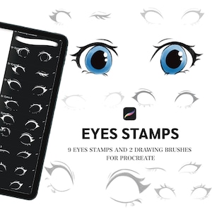 Puede incluir: Suministros de arte digital para Procreate. La imagen muestra una tableta que muestra sellos de ojos y dos ojos de dibujos animados azules. El texto dice "EYES STAMPS" y "9 EYES STAMPS AND 2 DRAWING BRUSHES FOR PROCREATE."