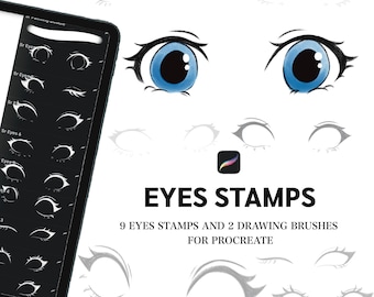 Procreate EYES Stamps (9 stamps + 2 sketching brushes), easy cartoon style stamp for iPad.